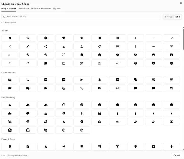 Rich icon library with Material Icons, React Icons, and Custom SVG Upload