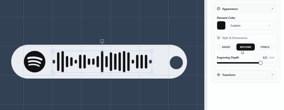 Setting the Spotify code and icon to recessed for a carved look