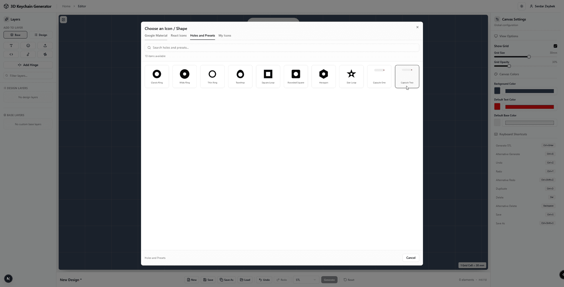 Selecting Capsule Two from Holes and Presets