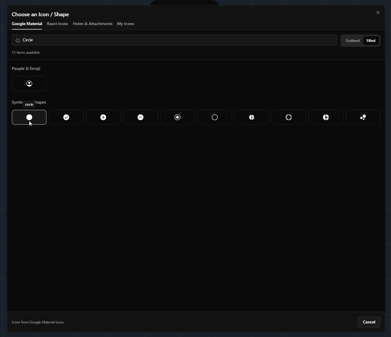 Selecting the Circle icon in Base Mode