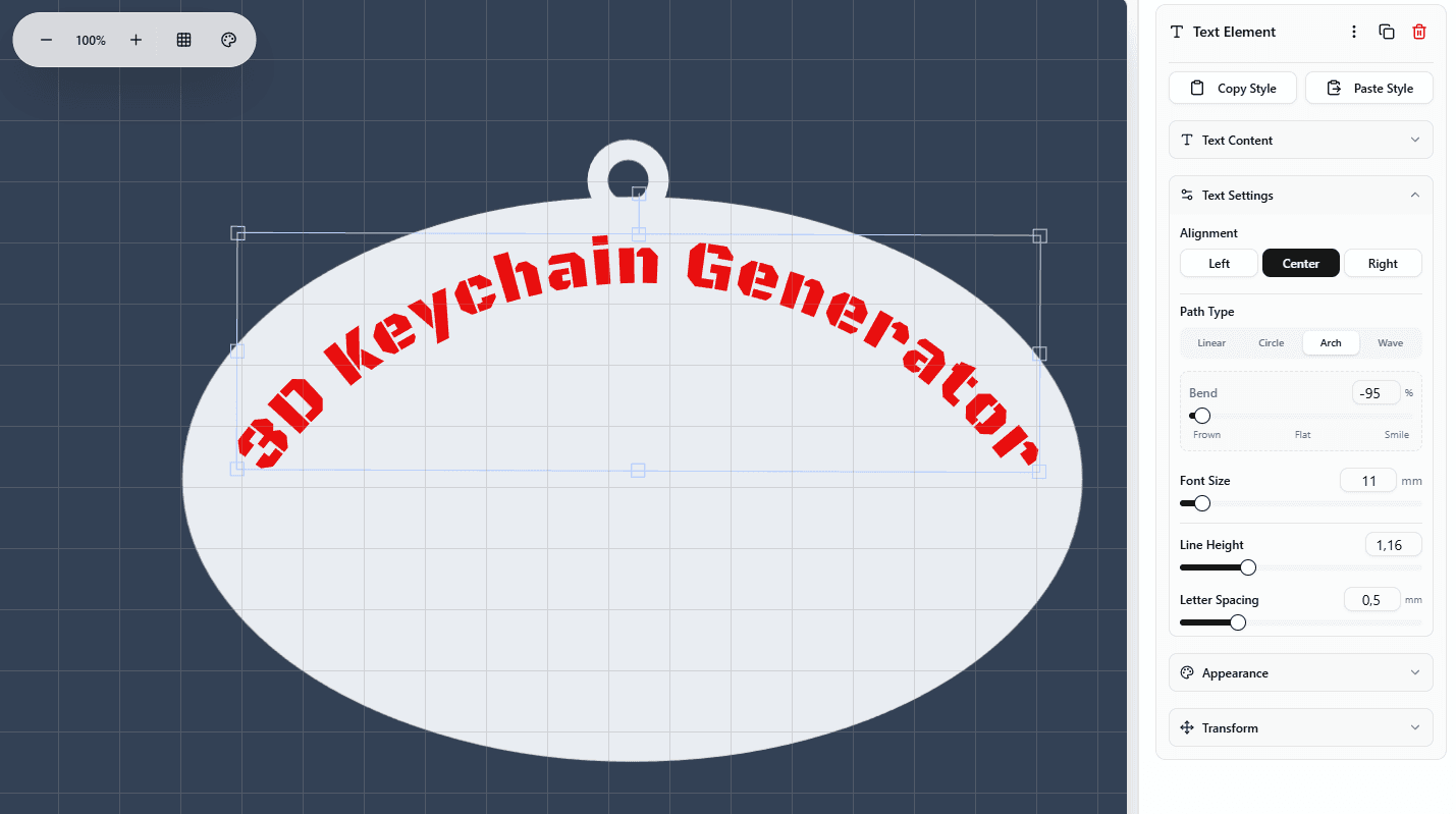 Arch text for generating 3D keychains