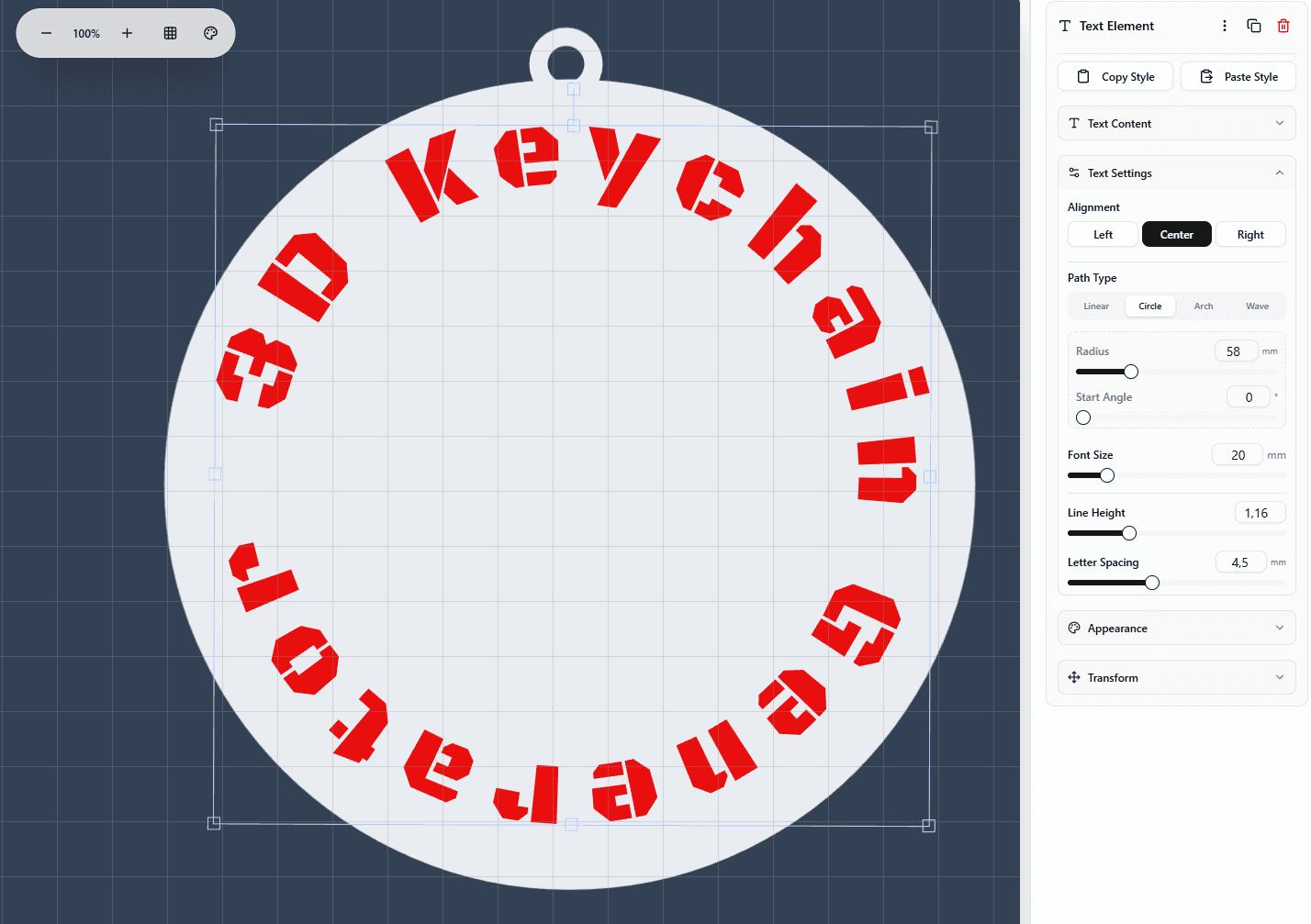 Circular text for generating 3D keychains