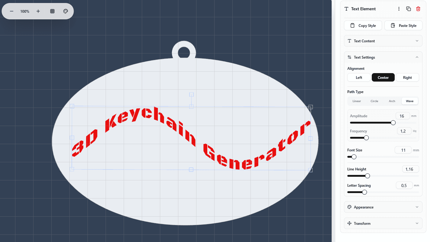 Wave text for generating 3D keychains