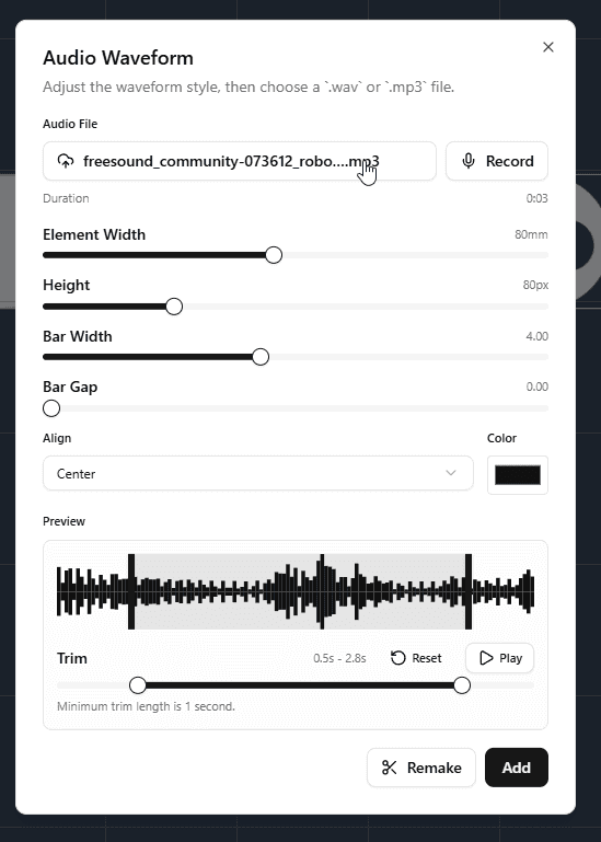 Importing or recording audio for the waveform keychain